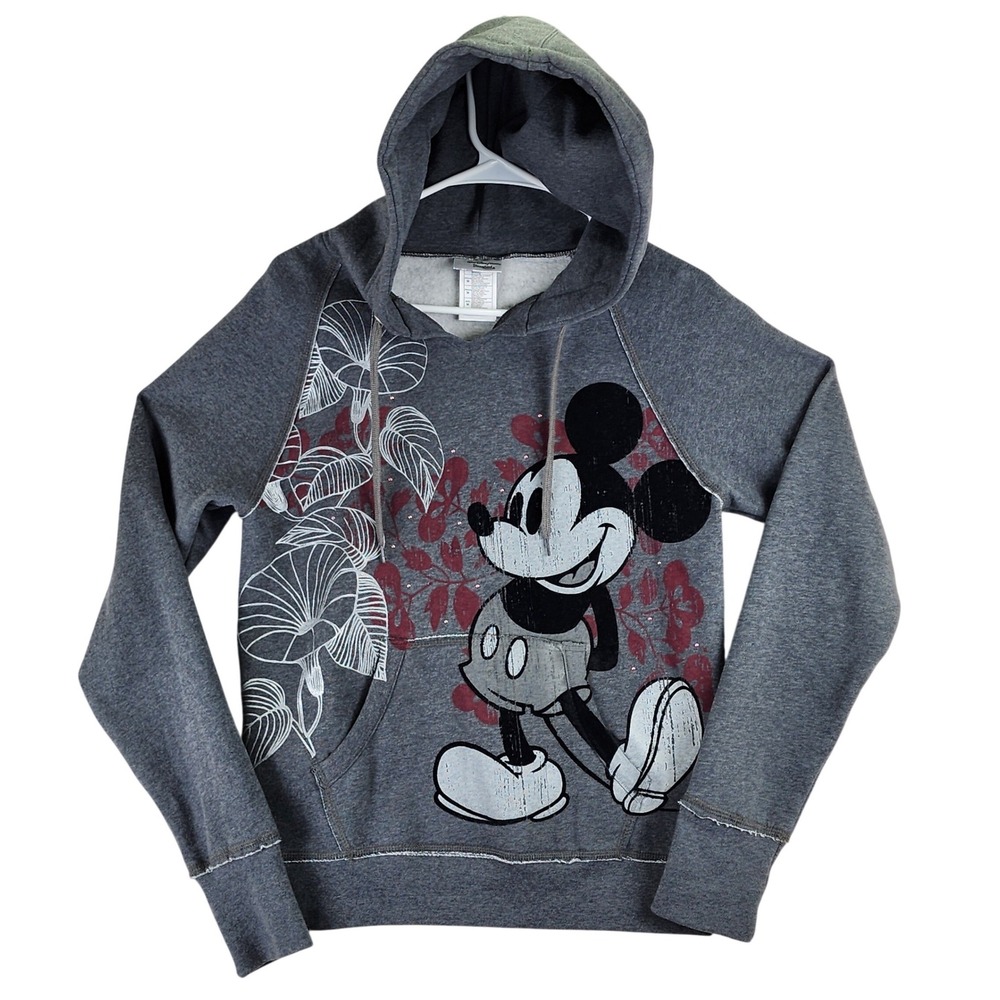 Disney Parks Mickey Mouse Hoodie Womens Medium Gray Floral Graphic Sparkle